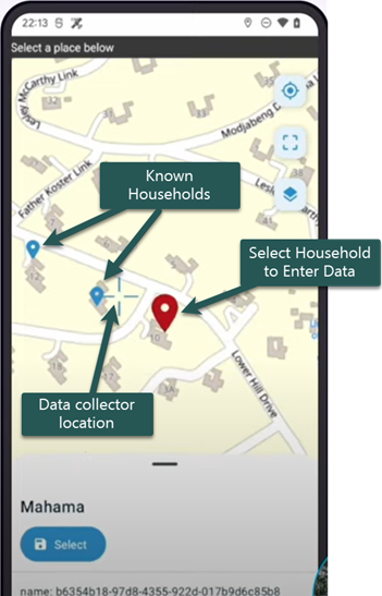 ODK Collect data collector view with plotted households